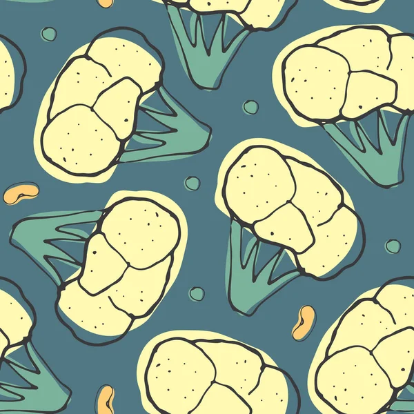 Broccoli Cauliflower Vegetables Seamless Pattern Vegetarian Healthy Bio Food Background — 图库矢量图片