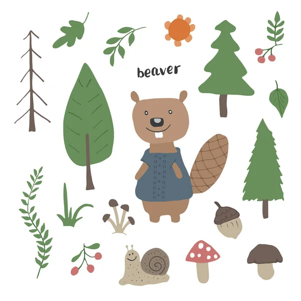 Cute Beaver Forest Cartoon Animal Woodland Trees Plants Vector Illustration — Vector de stock