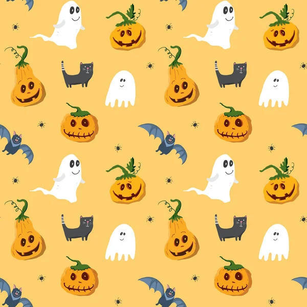 Halloween Seamless Pattern Design Cute Cartoon Elements Holiday Background Vector — Vector de stock