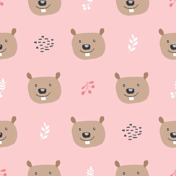 Cute Beaver Seamless Pattern Cartoon Animals Forest Background Vector Illustration — Vetor de Stock