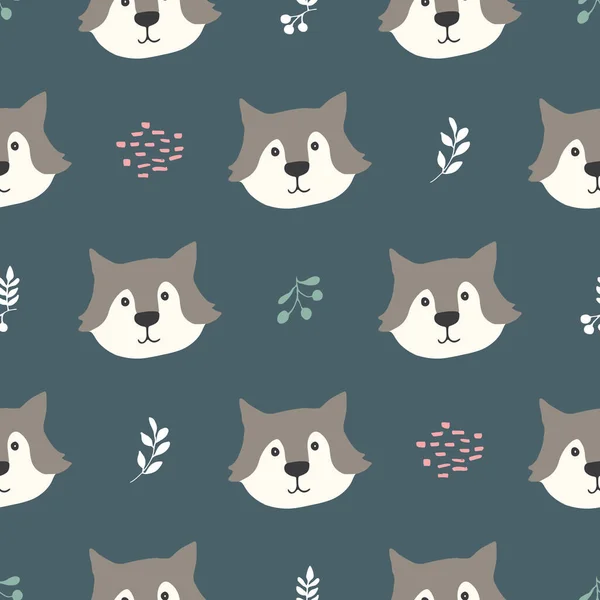 かわいいオオカミのシームレスなパターン 森の中の漫画動物 ベクターイラスト — ストックベクタ