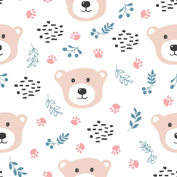 Cute Bear Seamless Pattern Cartoon Animals Forest Background Vector Illustration — Stok Vektör