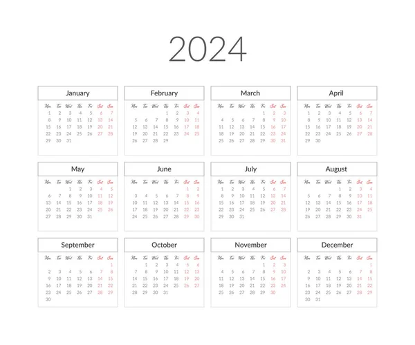 2024 Year Calendar Template Vector Illustration — Stock Vector