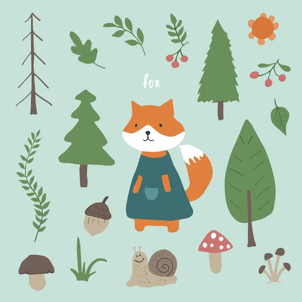 Cute Fox Forest Cartoon Animal Woodland Trees Plants Vector Illustration — Stok Vektör