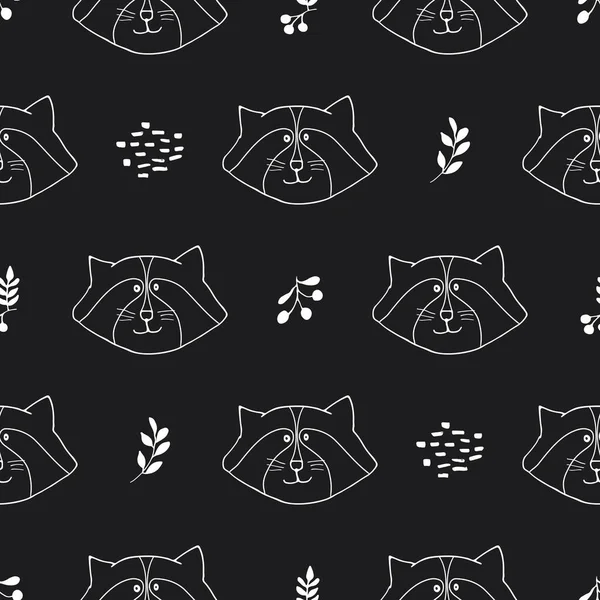 かわいいラクーンシームレスなパターン 森の中の漫画動物 ベクターイラスト — ストックベクタ