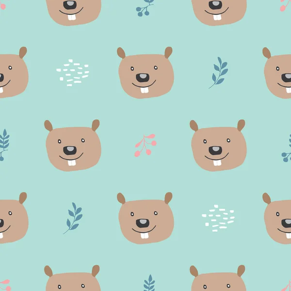 Cute Beaver Seamless Pattern Cartoon Animals Forest Background Vector Illustration — Stock Vector