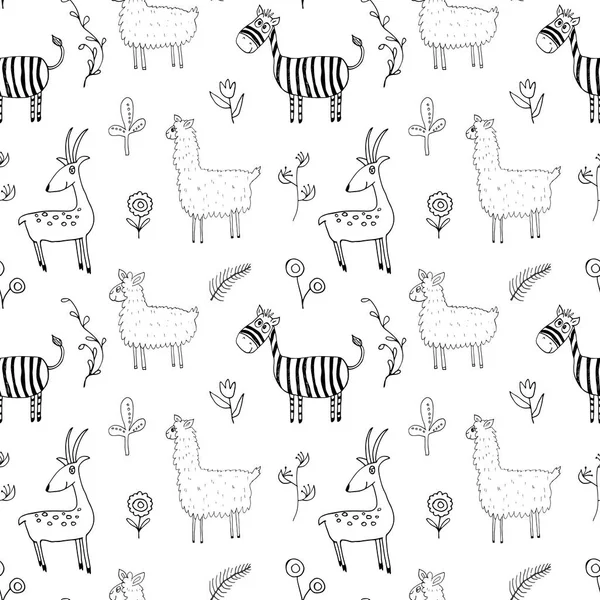 Cute Animals Seamless Pattern Cartoon Animals Plants Doodles Cartoon Vector — Stock Vector