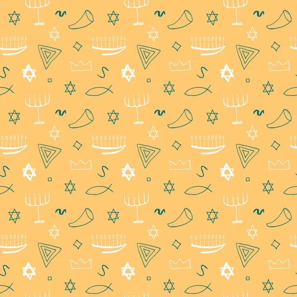 Jewish Items Seamless Pattern Jewish Hand Drawn Lineart Icons Background — Stock Vector