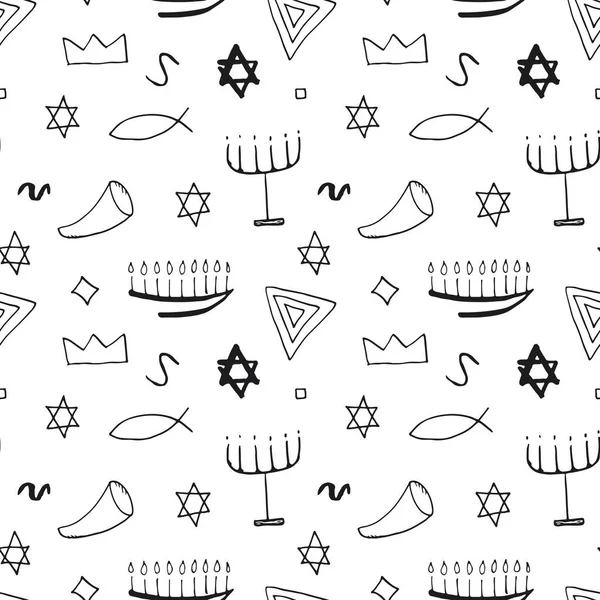 Jewish Items Seamless Pattern Jewish Hand Drawn Lineart Icons Background — Stock vektor
