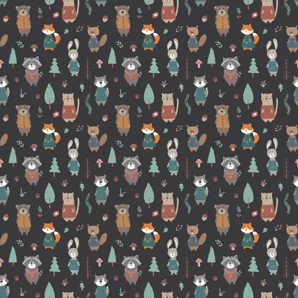 Cute Animals Seamless Pattern Cartoon Animals Forest Background Vector Illustration — Stok Vektör