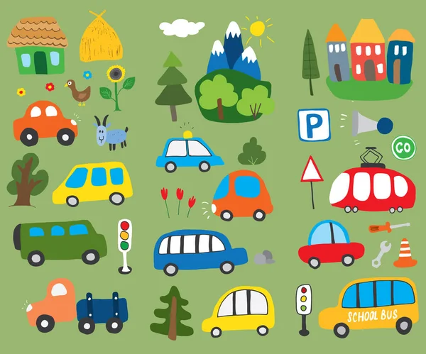 Cars Cartoon Set Cute Transport Doodles Collection Vector Illustration — Stock Vector
