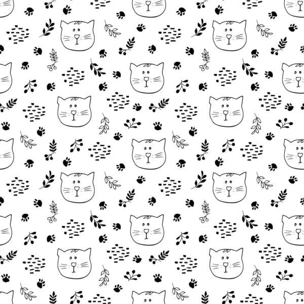 Cute Cat Seamless Pattern Cartoon Animals Forest Background Vector Illustration — Archivo Imágenes Vectoriales