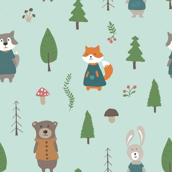 Cute Animals Seamless Pattern Cartoon Animals Forest Background Vector Illustration — Archivo Imágenes Vectoriales
