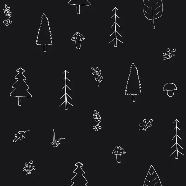 Woodland Seamless Pattern Forest Background Cute Cartoon Trees Plants Vector — Stock vektor