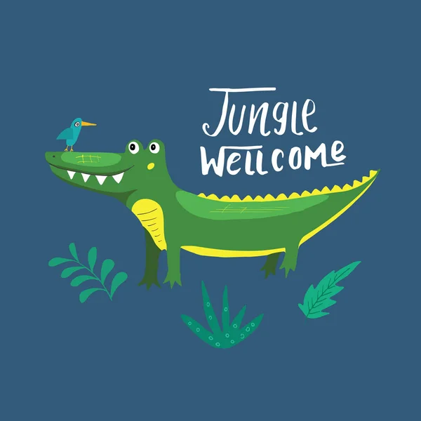 Cute Croccodile Jungle Welcom Lettering Cartoon Animal Baby Children Print — Stock Vector