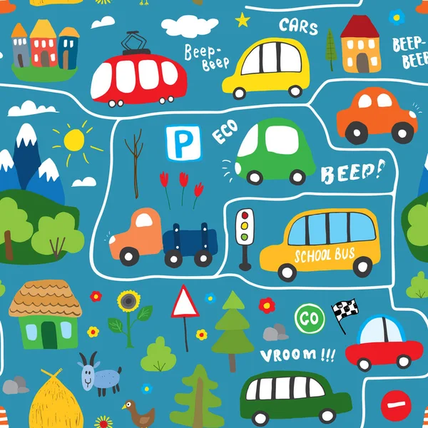 Cute Cars Seamless Pattern Cartoon Transportation Doodles Background Vector Illustration — Wektor stockowy