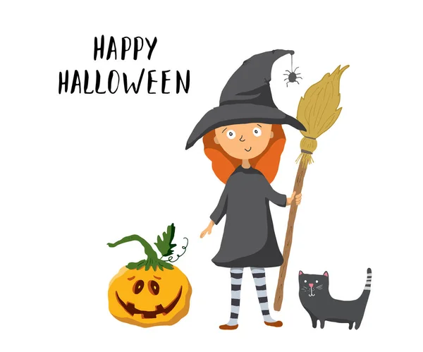Halloween Greeting Card Cute Witch Cat Pumpkin Party Invitation Holiday — Stock Vector