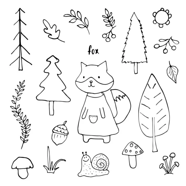Cute Fox Forest Cartoon Animal Woodland Trees Plants Vector Illustration — Vector de stock