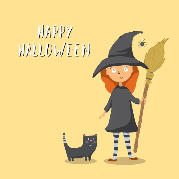 Halloween Greeting Card Cute Witch Cat Party Invitation Holiday Banner — Stock Vector