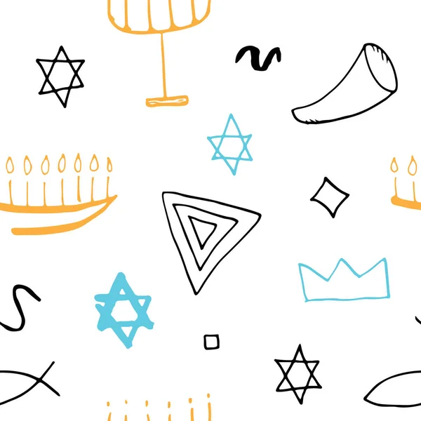 Jewish Items Seamless Pattern Jewish Hand Drawn Lineart Icons Background — Stock Vector