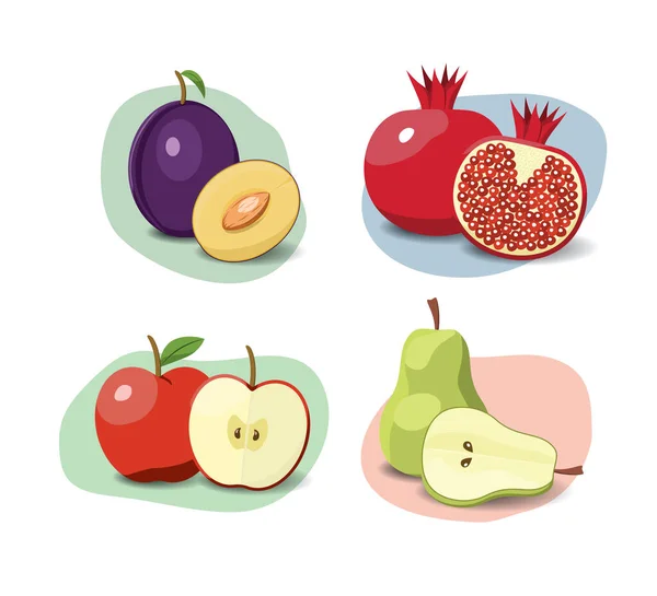 Fruit Cartoon Set Vegan Organic Eco Products Collection Vector Illustration — Stock Vector