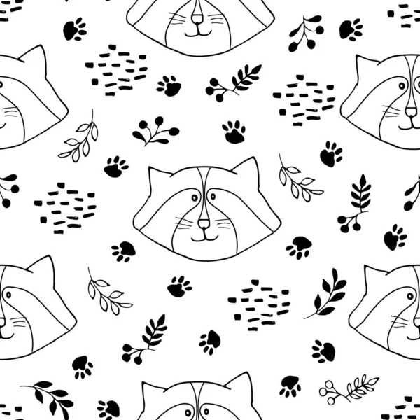 Cute Raccoon Seamless Pattern Cartoon Animals Forest Background Vector Illustration — Stockový vektor