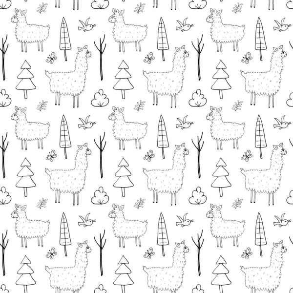 Cute Lama Seamless Pattern Cartoon Animals Forest Background Vector Illustration — Stock Vector