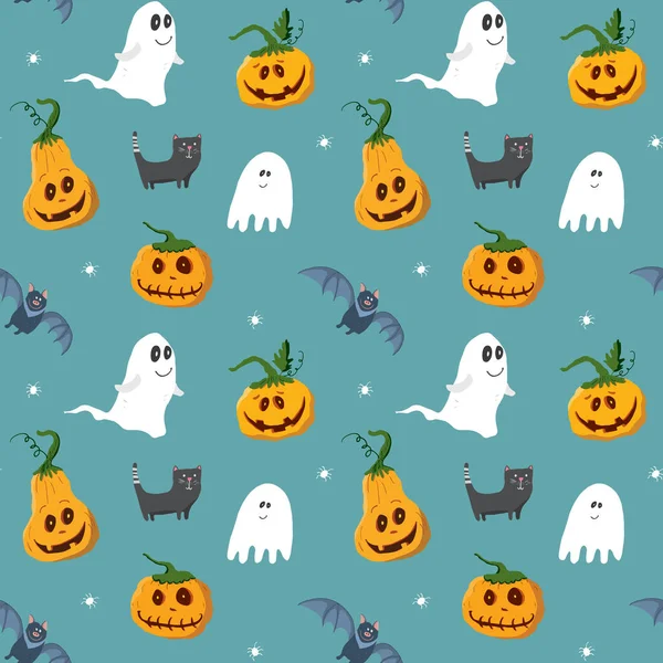 Halloween Seamless Pattern Design Cute Cartoon Elements Holiday Background Vector — Vector de stock