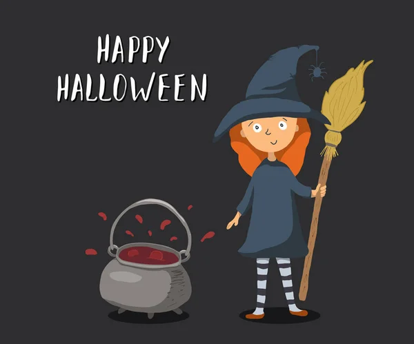 Halloween Greeting Card Cute Witch Cauldron Party Invitation Holiday Banner — 图库矢量图片