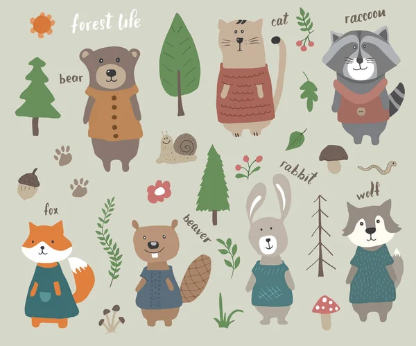 Cute Animals Clothes Cartoon Forest Wildlife Animals Collection Fox Wolf — Stockvector