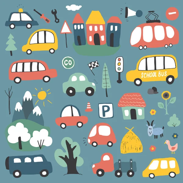 Cars Cartoon Set Cute Transport Doodles Collection Vector Illustration — Stock vektor