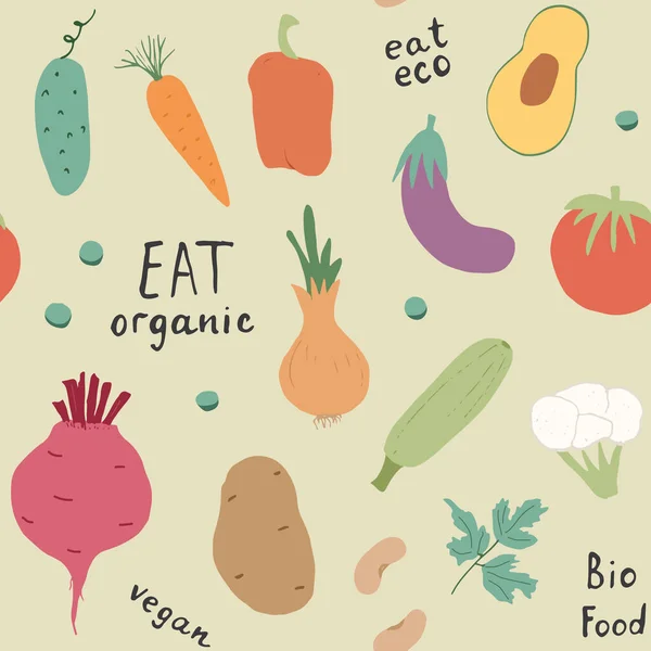 Vegetables Seamless Pattern Vegetarian Healthy Bio Food Background Vegan Organic — Stock vektor