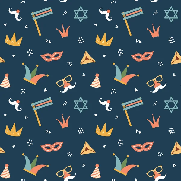 Purim Seamless Pattern Traditional Jewish Holiday Background Vector Illustration — Stok Vektör
