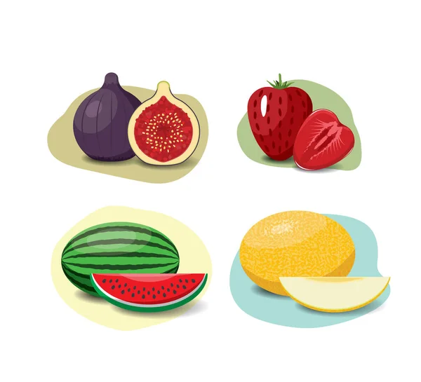Fruit Cartoon Set Vegan Organic Eco Products Collection Vector Illustration — Vetor de Stock