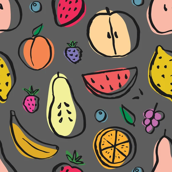 Fruit Seamless Pattern Collection Juicy Fruits Apple Pear Strawberry Orange — Stock Vector