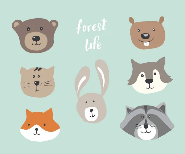 Cute Animal Heads Cartoon Forest Wildlife Animals Collection Fox Wolf — Vettoriale Stock