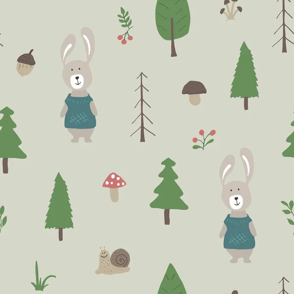 Cute Rabbit Seamless Pattern Cartoon Animals Forest Background Vector Illustration — Stock vektor