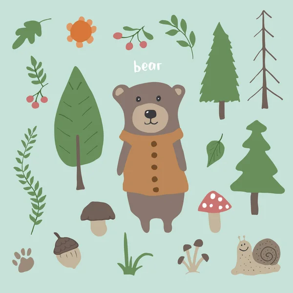Cute Bear Forest Cartoon Animal Woodland Trees Plants Vector Illustration — Vector de stock