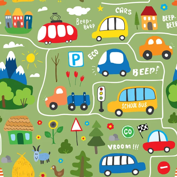 Cute Cars Seamless Pattern Cartoon Transportation Doodles Background Vector Illustration — Stock Vector