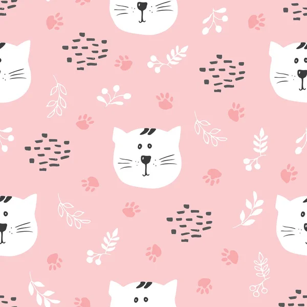 Cute Cat Seamless Pattern Cartoon Animals Forest Background Vector Illustration — Stock Vector