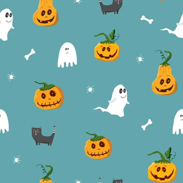 Halloween Seamless Pattern Design Cute Cartoon Elements Holiday Background Vector Rechtenvrije Stockillustraties
