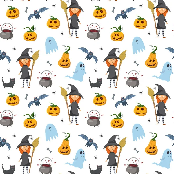 Halloween Seamless Pattern Design Cute Cartoon Elements Holiday Background Vector Stock Illustration