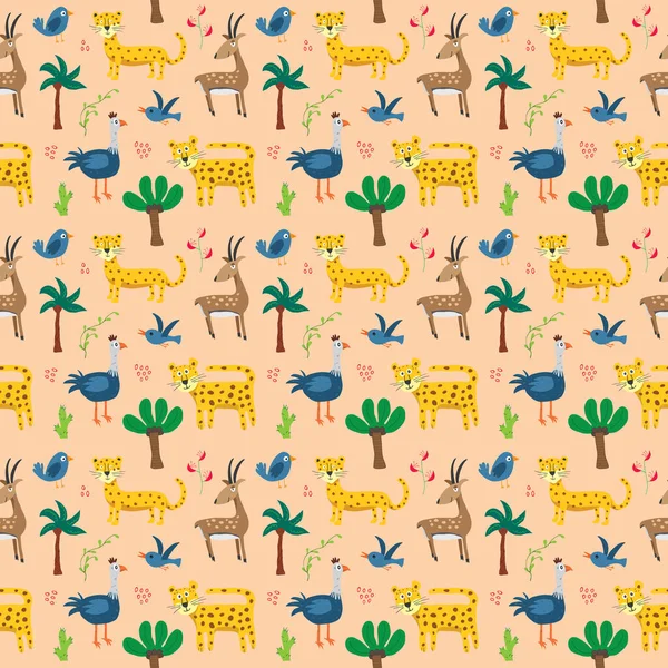 Cute Animals Seamless Pattern Cartoon Animals Tropical Plants Doodles Cartoon Wektor Stockowy