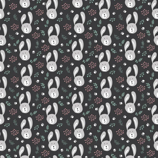 Cute Rabbit Seamless Pattern Cartoon Animals Forest Background Vector Illustration Vektör Grafikler