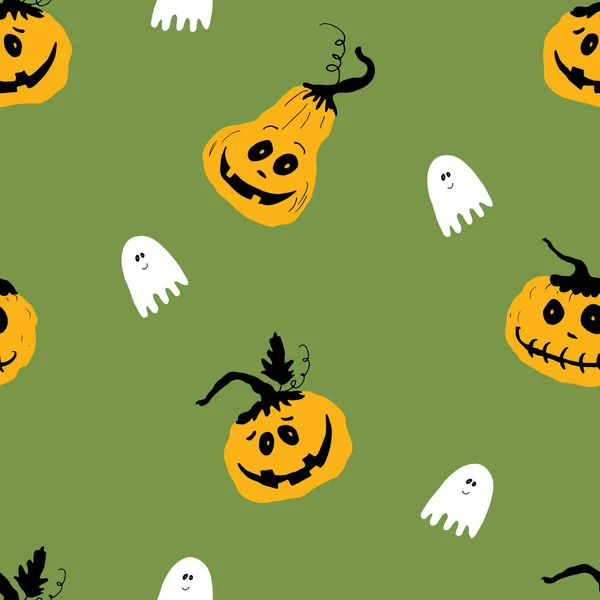 Halloween Seamless Pattern Design Cute Cartoon Pumpkin Ghost Holiday Background — Stock Vector