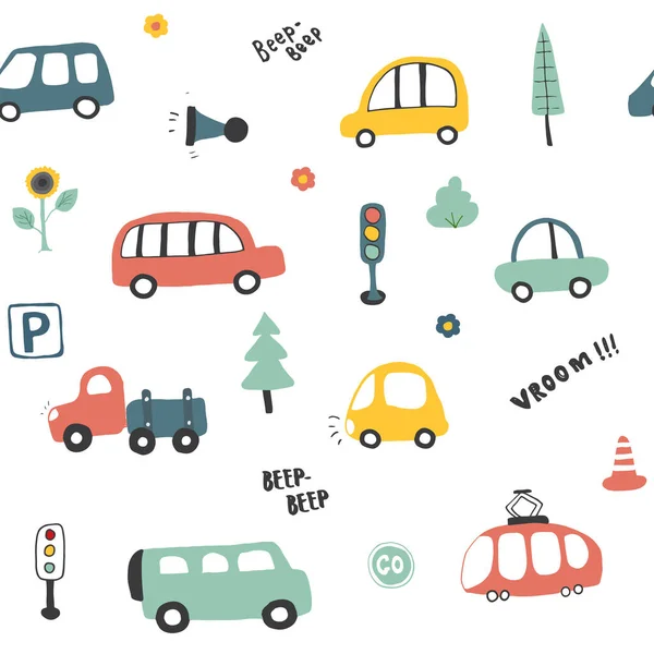 Cute Cars Seamless Pattern Cartoon Transportation Doodles Background Vector Illustration — Stock Vector