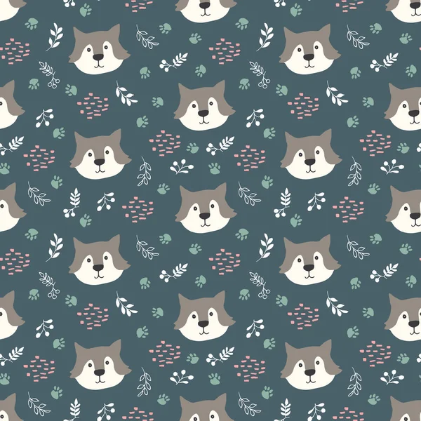 Cute Wolf Seamless Pattern Cartoon Animals Forest Background Vector Illustration — Stockvector