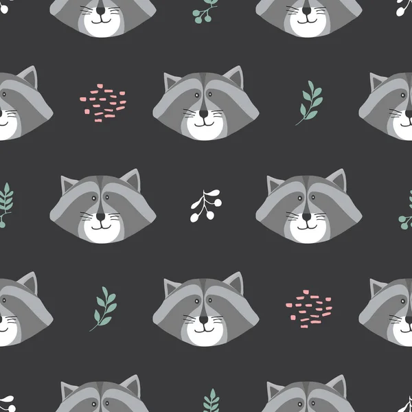 Cute Raccoon Seamless Pattern Cartoon Animals Forest Background Vector Illustration — Stockvector