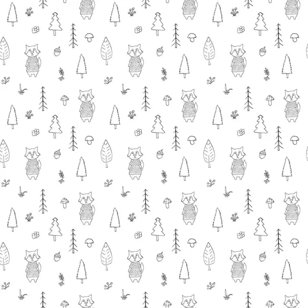 Cute Wolf Seamless Pattern Cartoon Animals Forest Background Vector Illustration — Stok Vektör