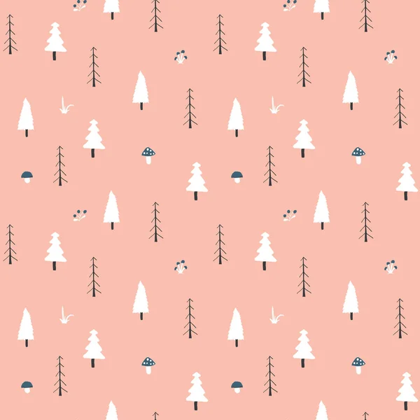 Woodland Seamless Pattern Forest Background Cute Cartoon Trees Plants Vector — Vector de stock
